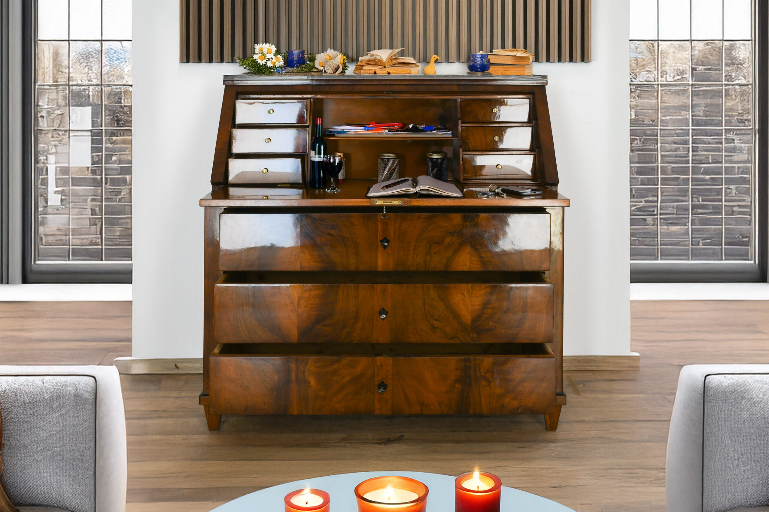 Sekretär Biedermeier Nussbaum Schellack handpoliert | 4390_3